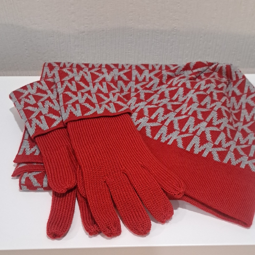 Michael Kors Red and Gray Ladies Scarf and Gloves Set